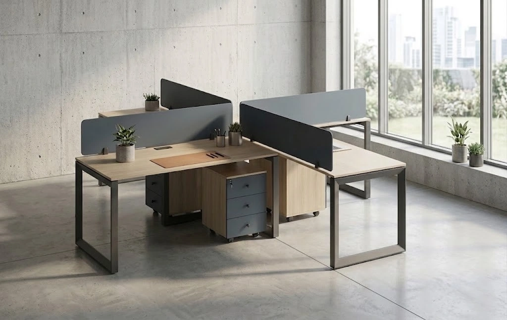 Four-Person Multi-Style Office Workstation with Center Acoustic Partition