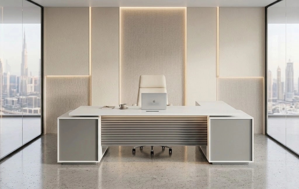 L-Shaped CEO Executive Desk with Double Side Cabinet & Fluted Design | Ergospace UAE